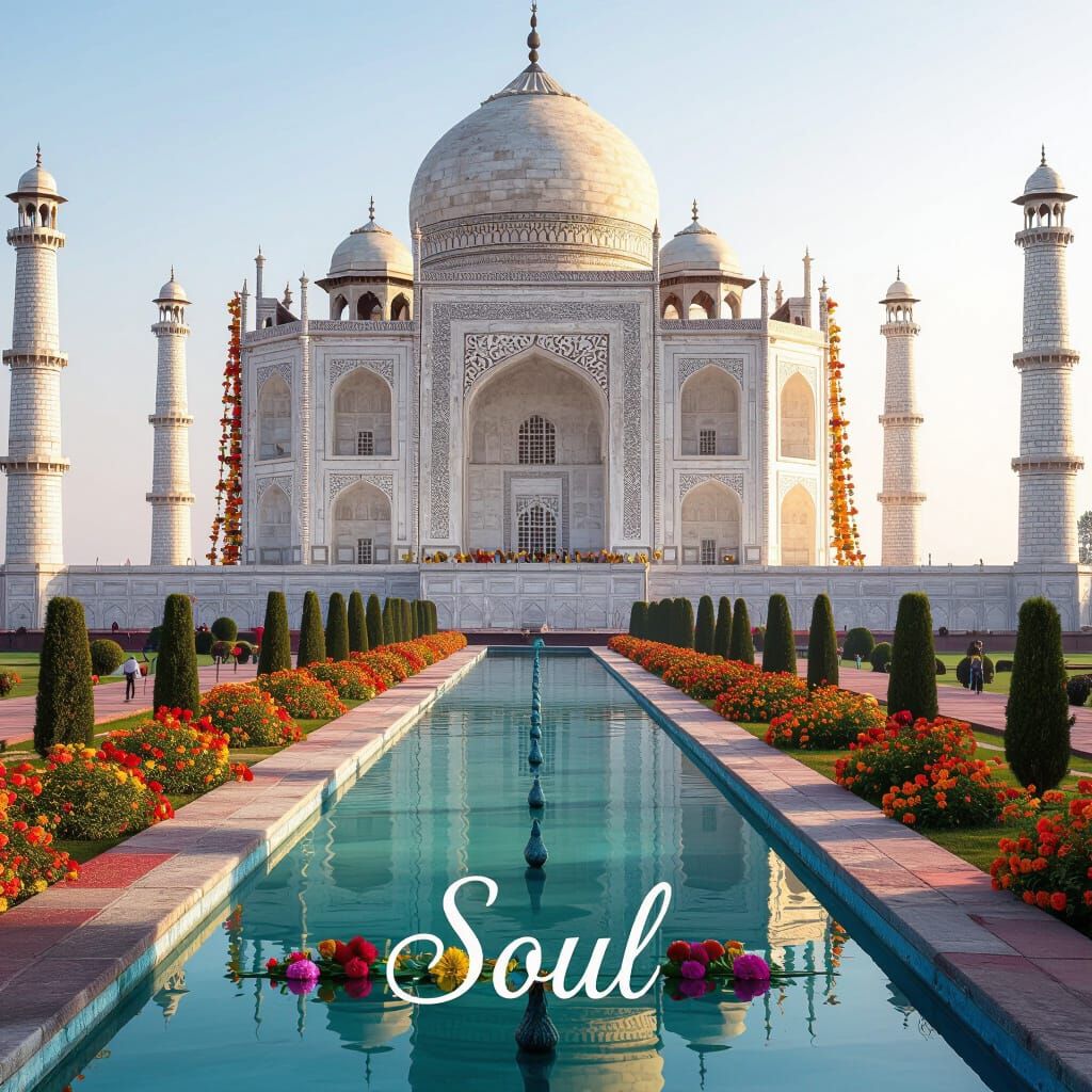 Taj Mahal in Soft Sunlight with Cascading Flowers