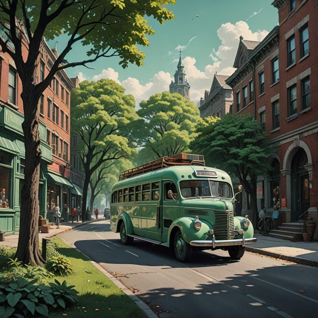 Walking Bus Illustration in Acrylic Art Style