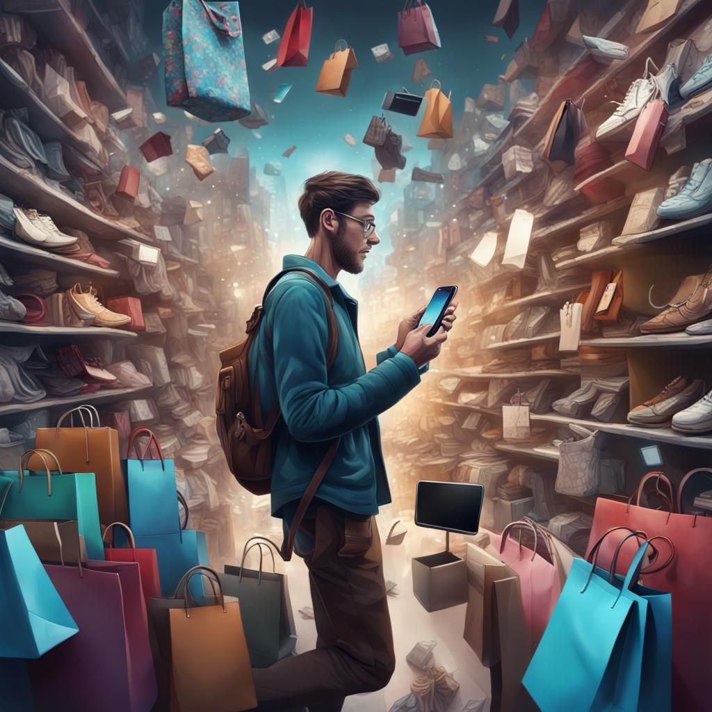 Man Surrounded by Tech Gadgets in Digital Painting