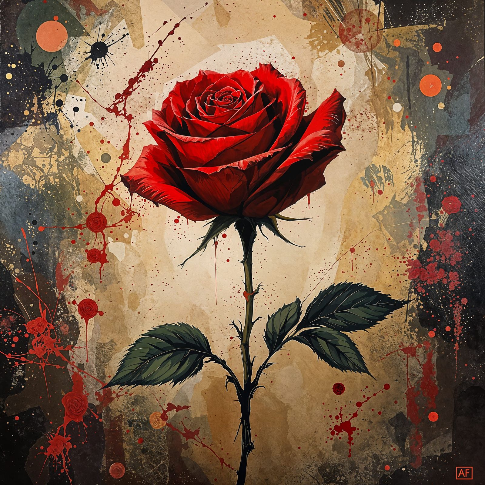 Dramatic Crimson Rose in Energetic Abstract Background