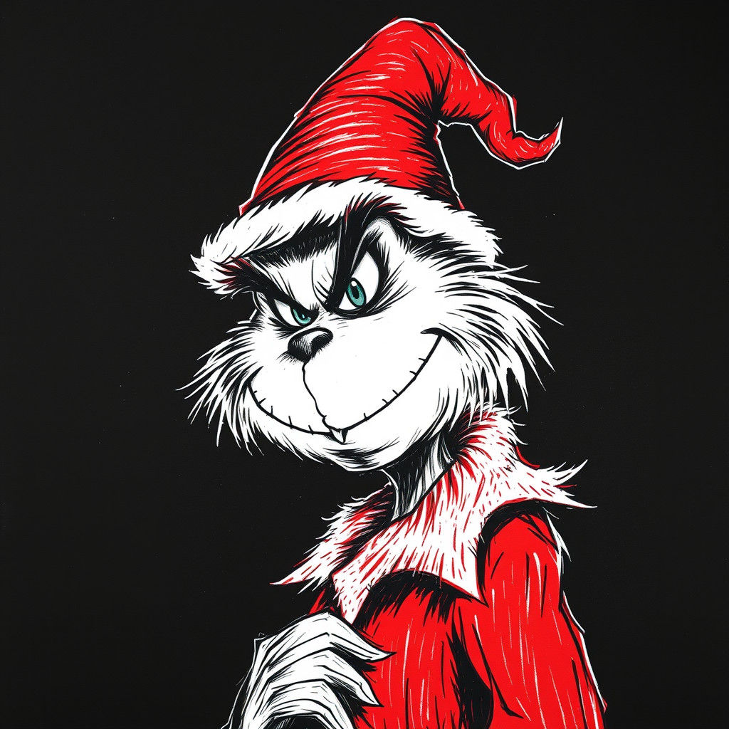 Grinch in Red Hat: Scratchboard Drawing