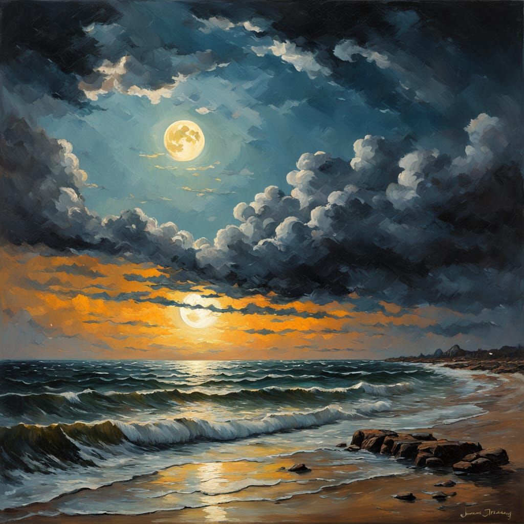 Moody Landscape: Moon Hidden Over Water in Oil