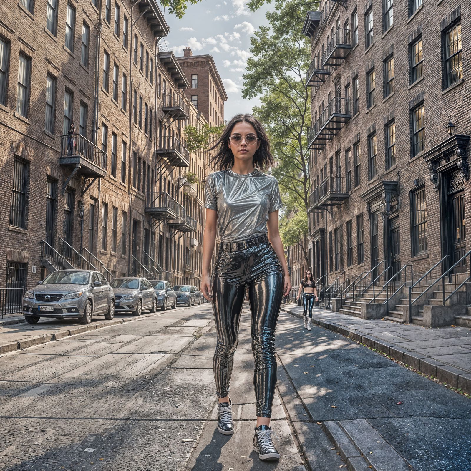 Woman in Metallic Outfit on City Street