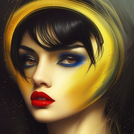 Glamorous Dark Fantasy Woman in Yellow and Blue