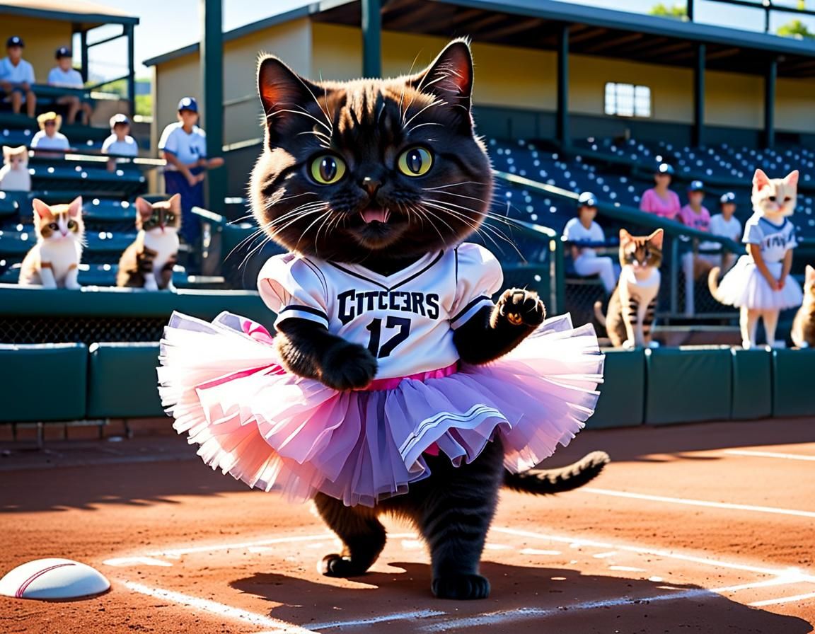 Cat in Tutu Swings Bat: Watercolor Art