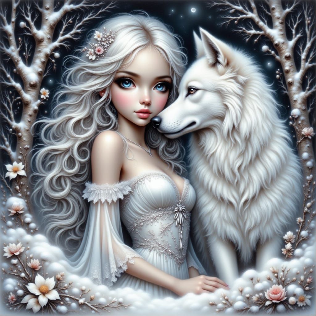 Ethereal Woman and Wolf in Moonlit Forest