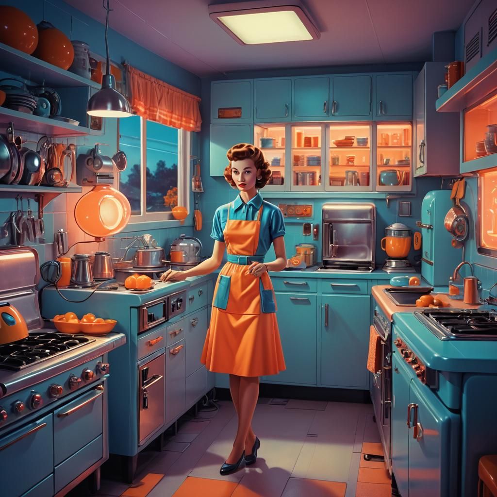 Retro-Futuristic 1950s Housewife in Neon Kitchen