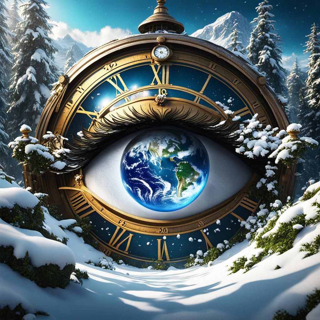 Earth covered in snow an eye opening up to show a glimpse of...