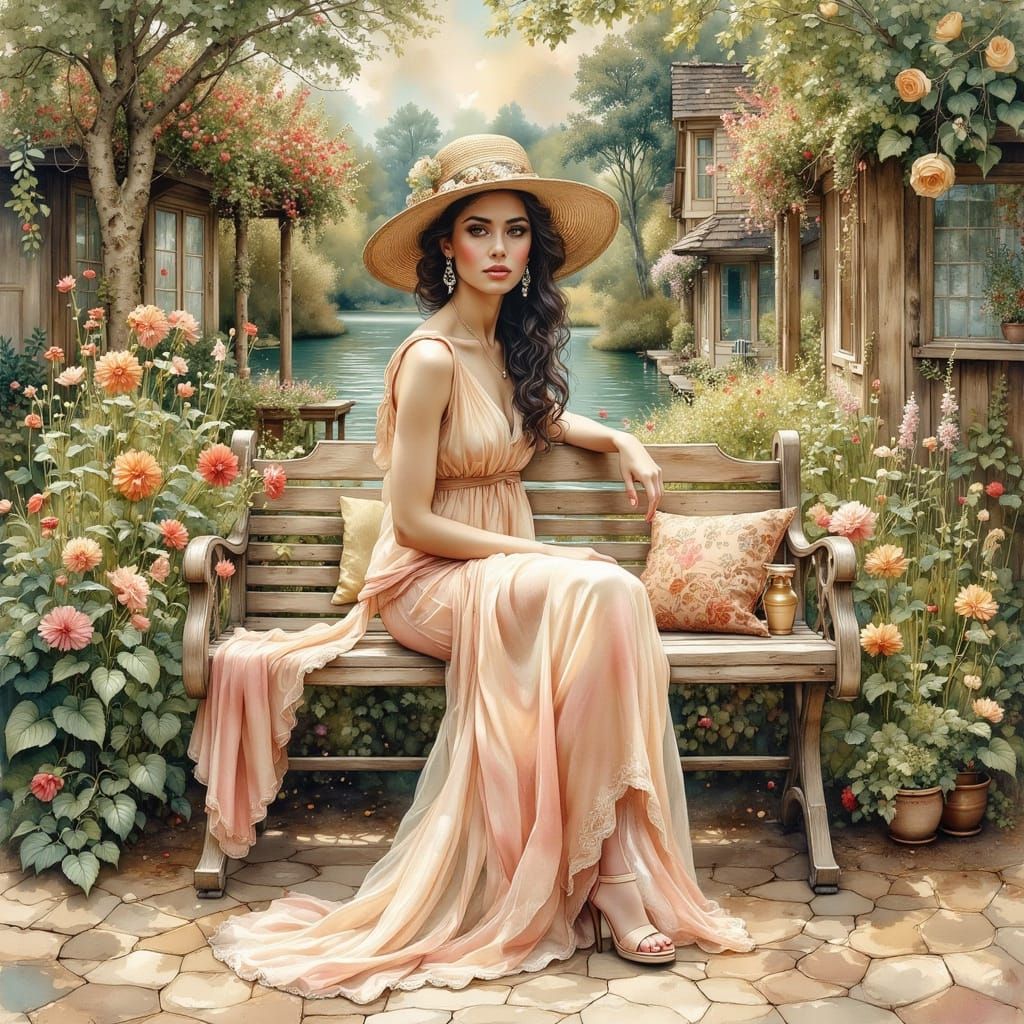 Elegant Woman in Garden, Gustav Klimt Style