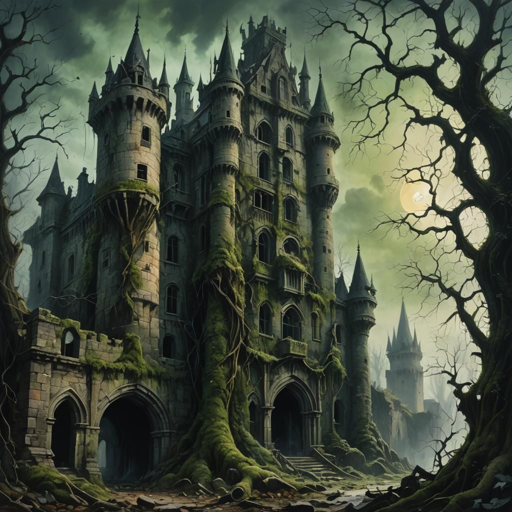 Ominous Castle Ruins in Dark Fantasy Oil Painting