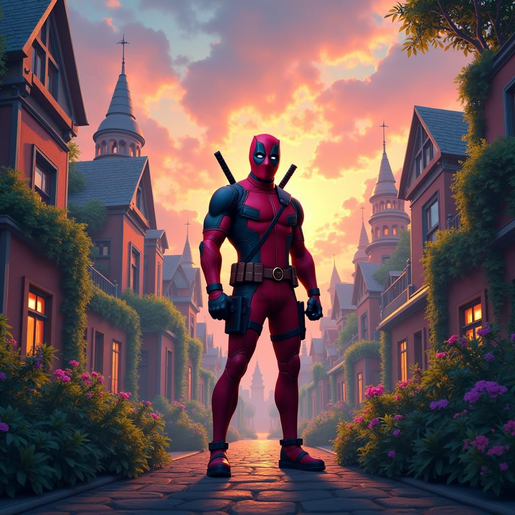 Deadpool in Vibrant, Dreamlike Cityscape, Fantasy Concept Ar...