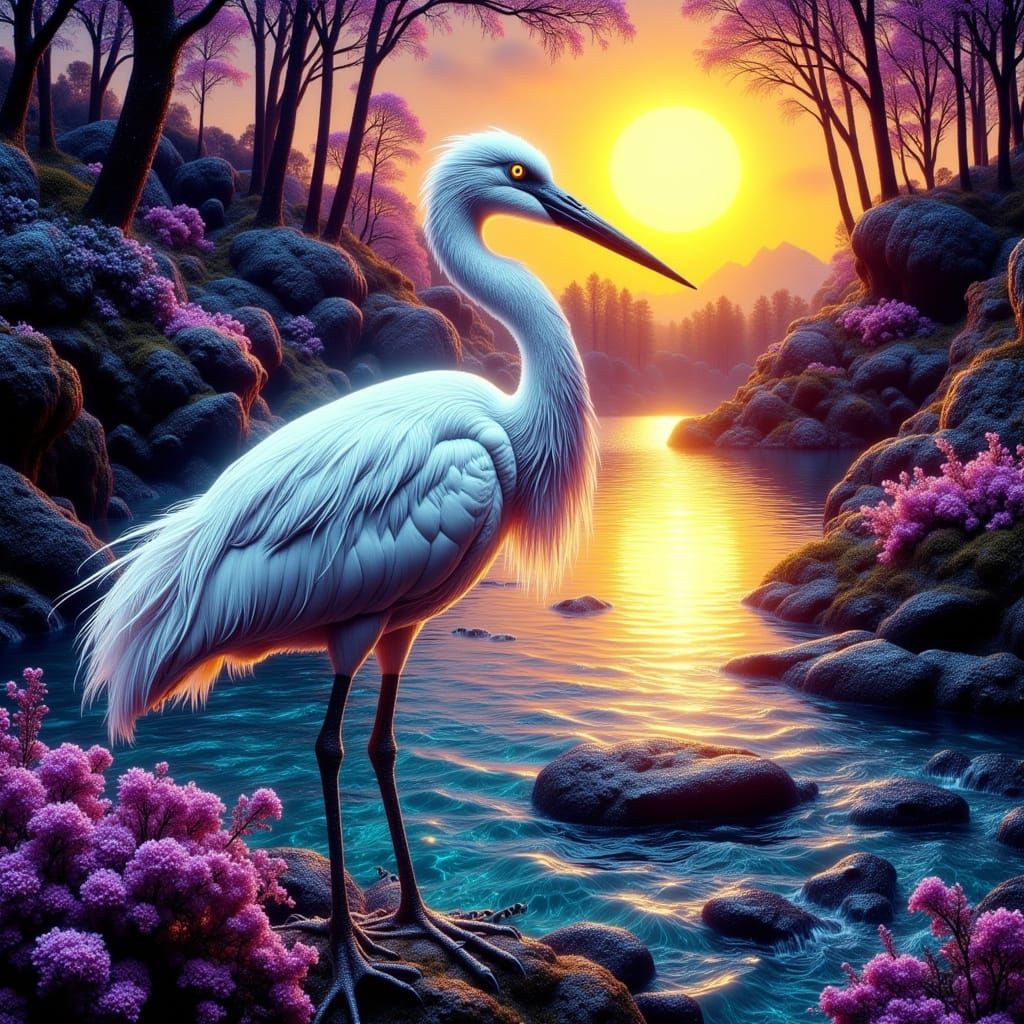 Graceful White Crane at Sundown in Vintage Style