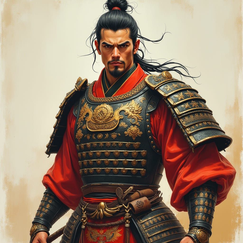 Fierce Asian Warrior in Samurai Armor