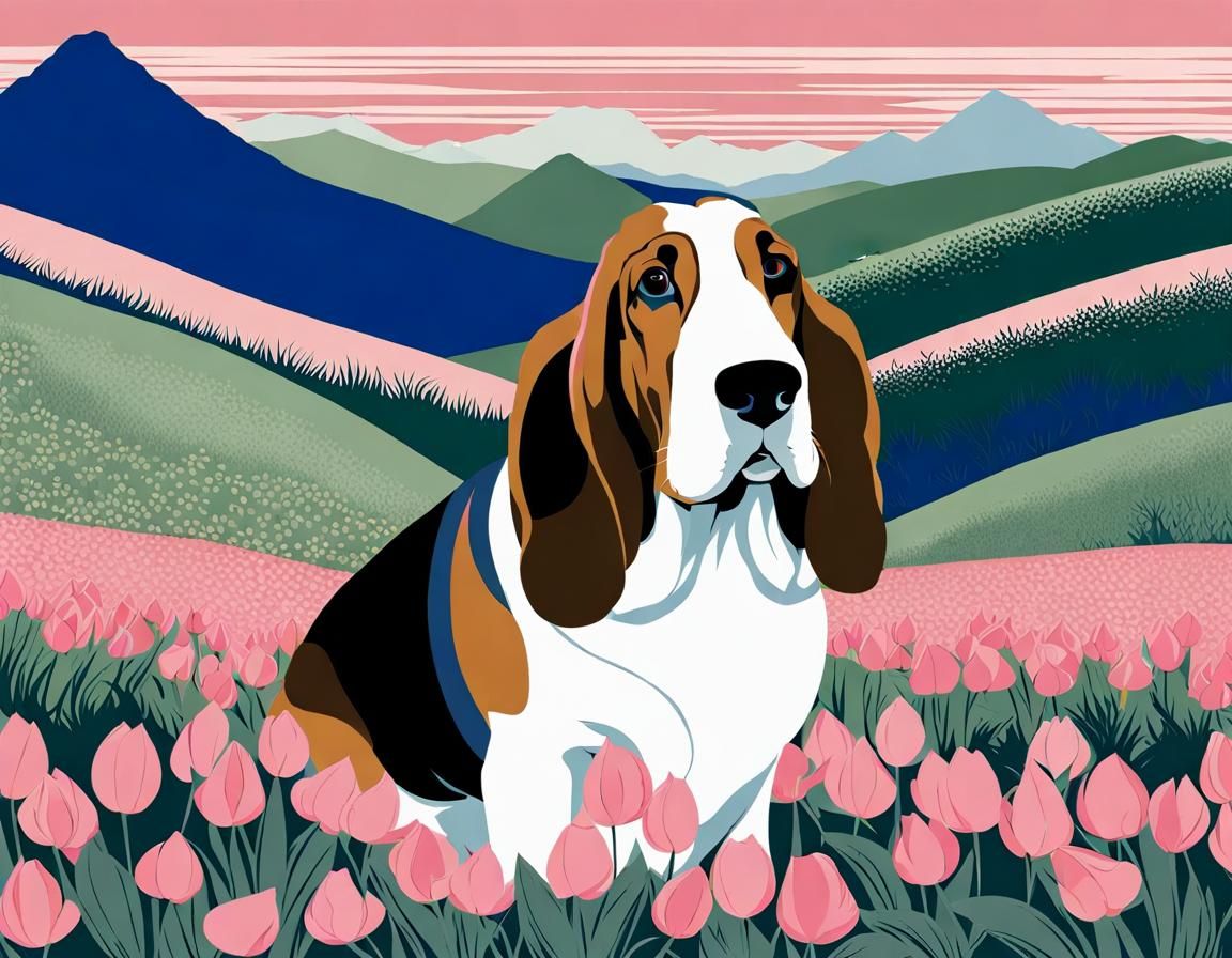 Basset Hound in Irish Hills Landscape as Ukiyo-e