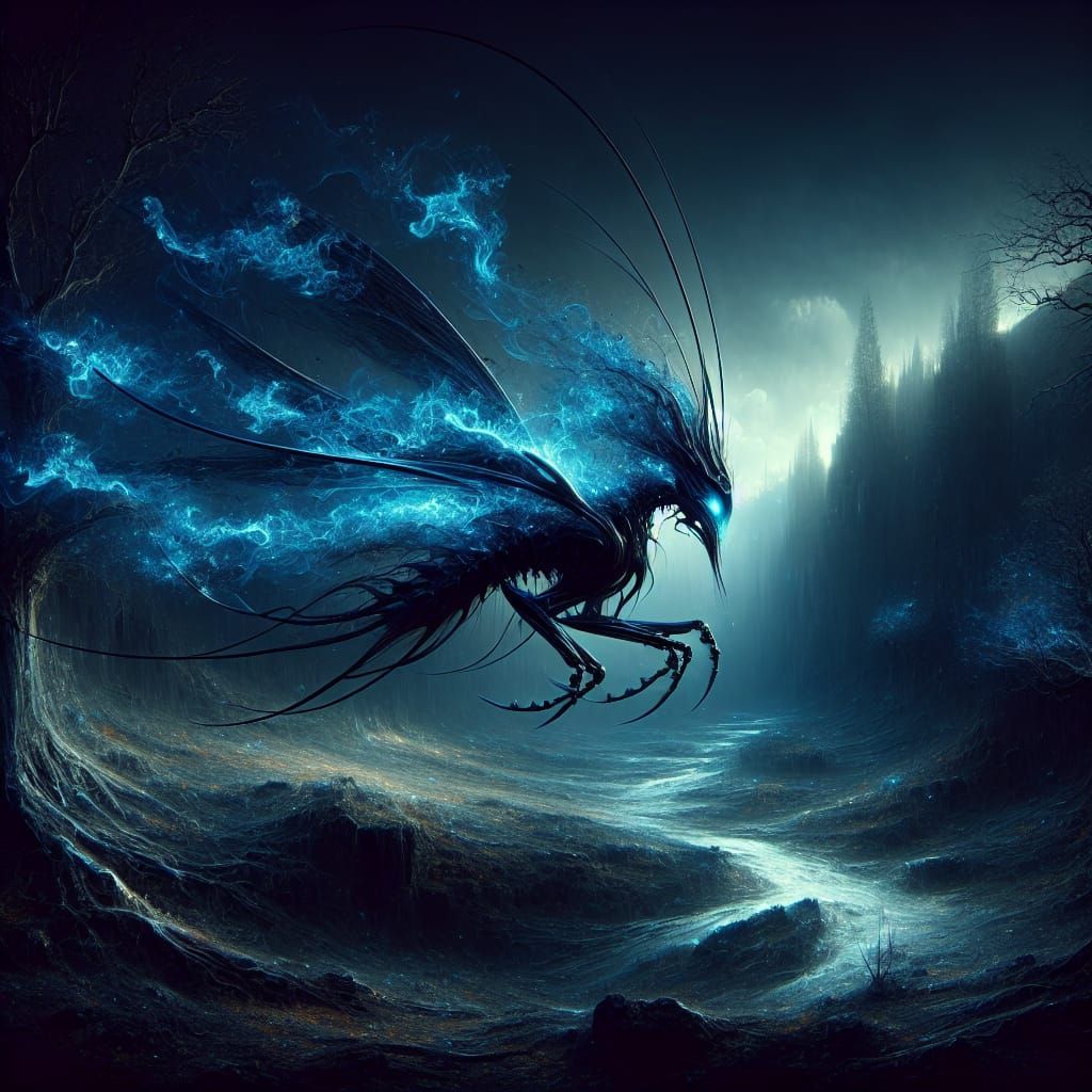 Phantom Dragonfly in Dark Fantasy Landscape