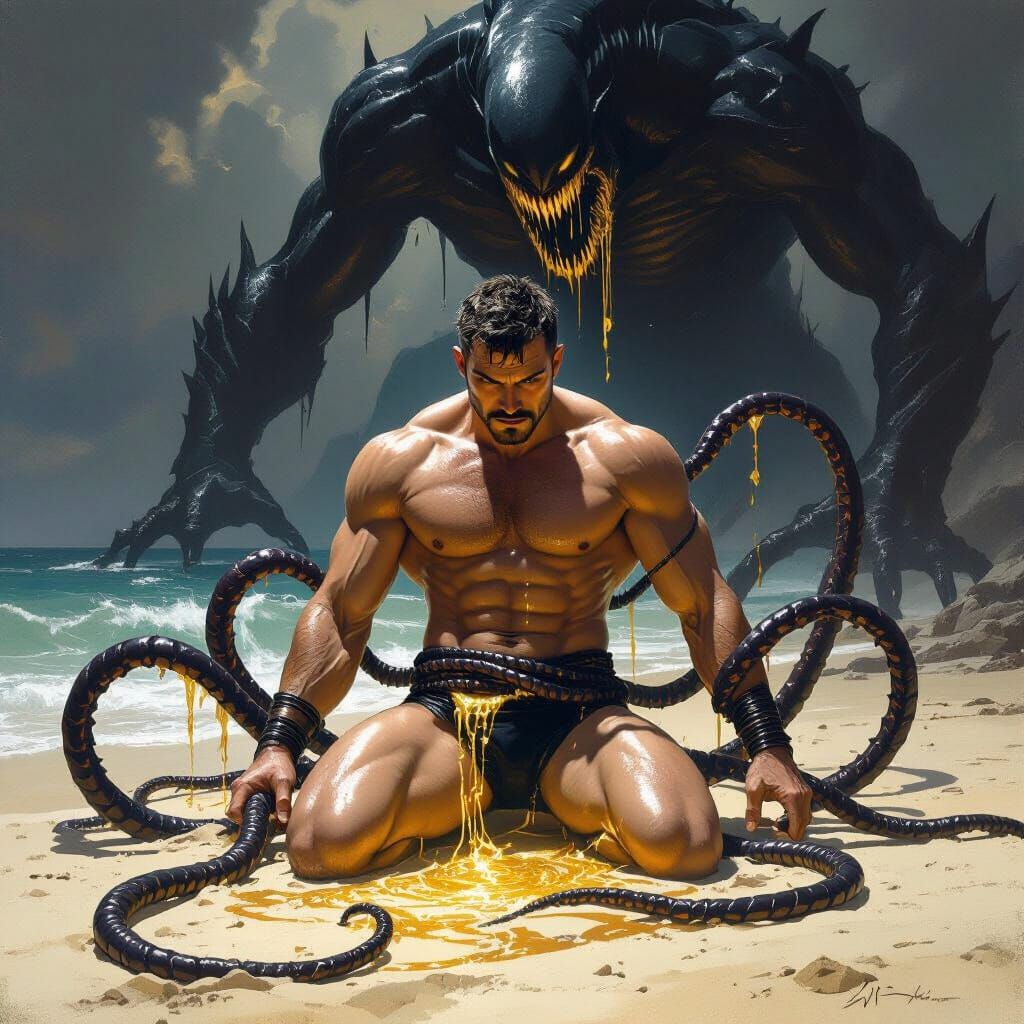 Dark Fantasy Art: Man Bound by Tentacles on Beach