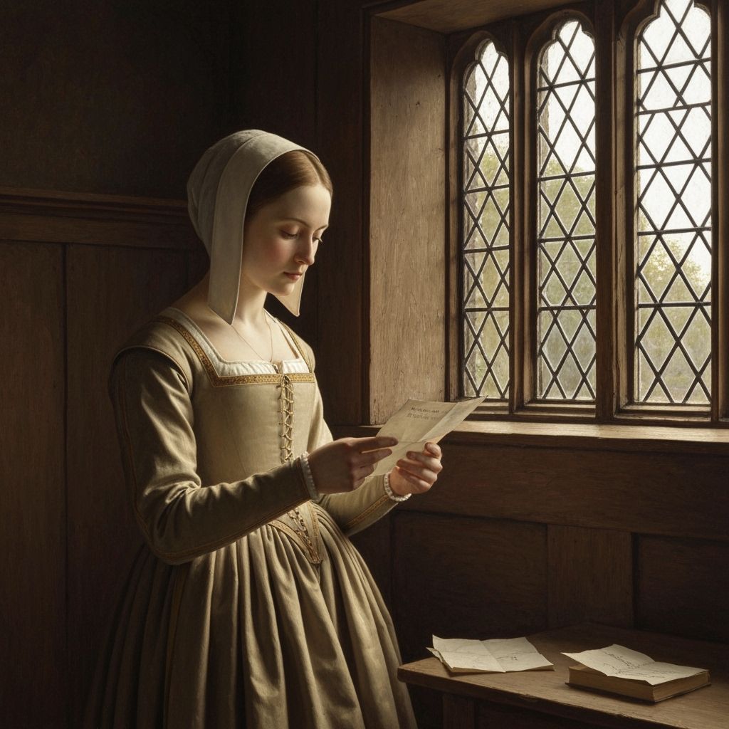 Tudor Noblewoman Reading Letter by Window in Renaissance Sty...