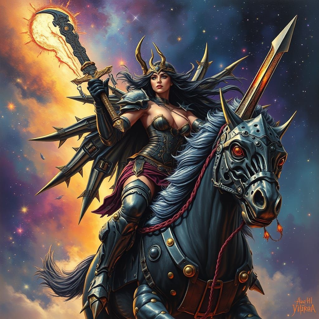 Gothic Metal Valkyrie Rides Biomechanical Steed