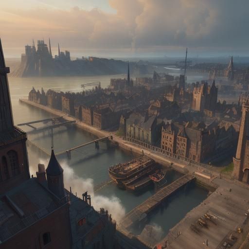 Medieval Cityscape with Industrial Backdrop