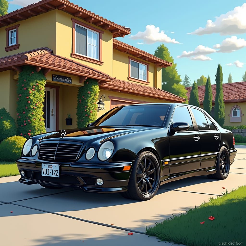 Sleek Black Mercedes W210 E55 AMG on Simpsons' Driveway