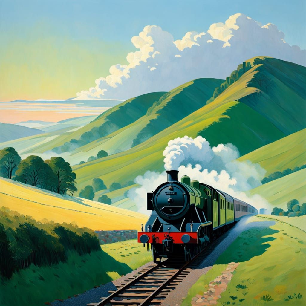 British train zooming through the beautiful countryside at sunrise
