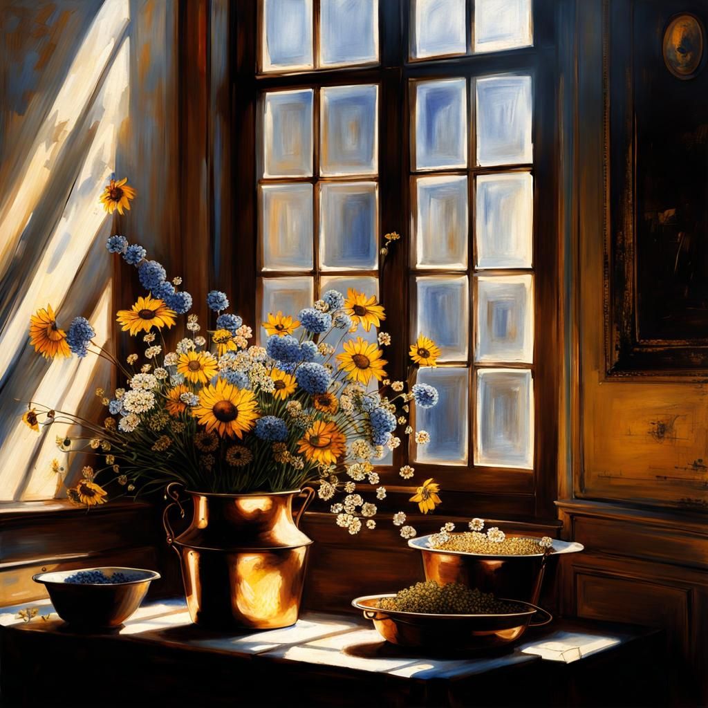 Golden Flowers in Delft Blue Bucket: Hyperrealist Still Life