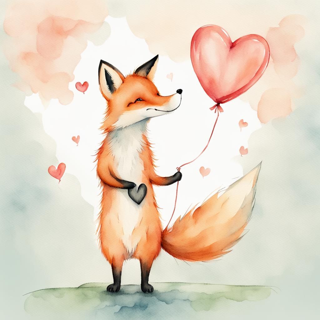 Fox with Heart Balloon: Watercolour Storybook Illustration