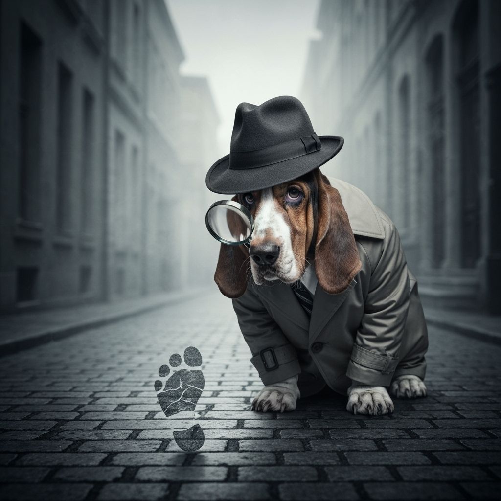 Basset Hound Detective Investigates Footprint on Foggy Stree...