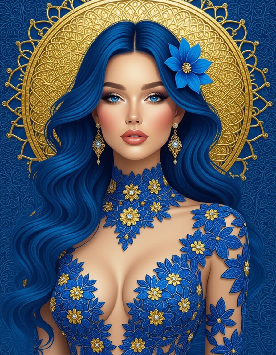 Stunning Woman in Blue and Gold Lace Outfit