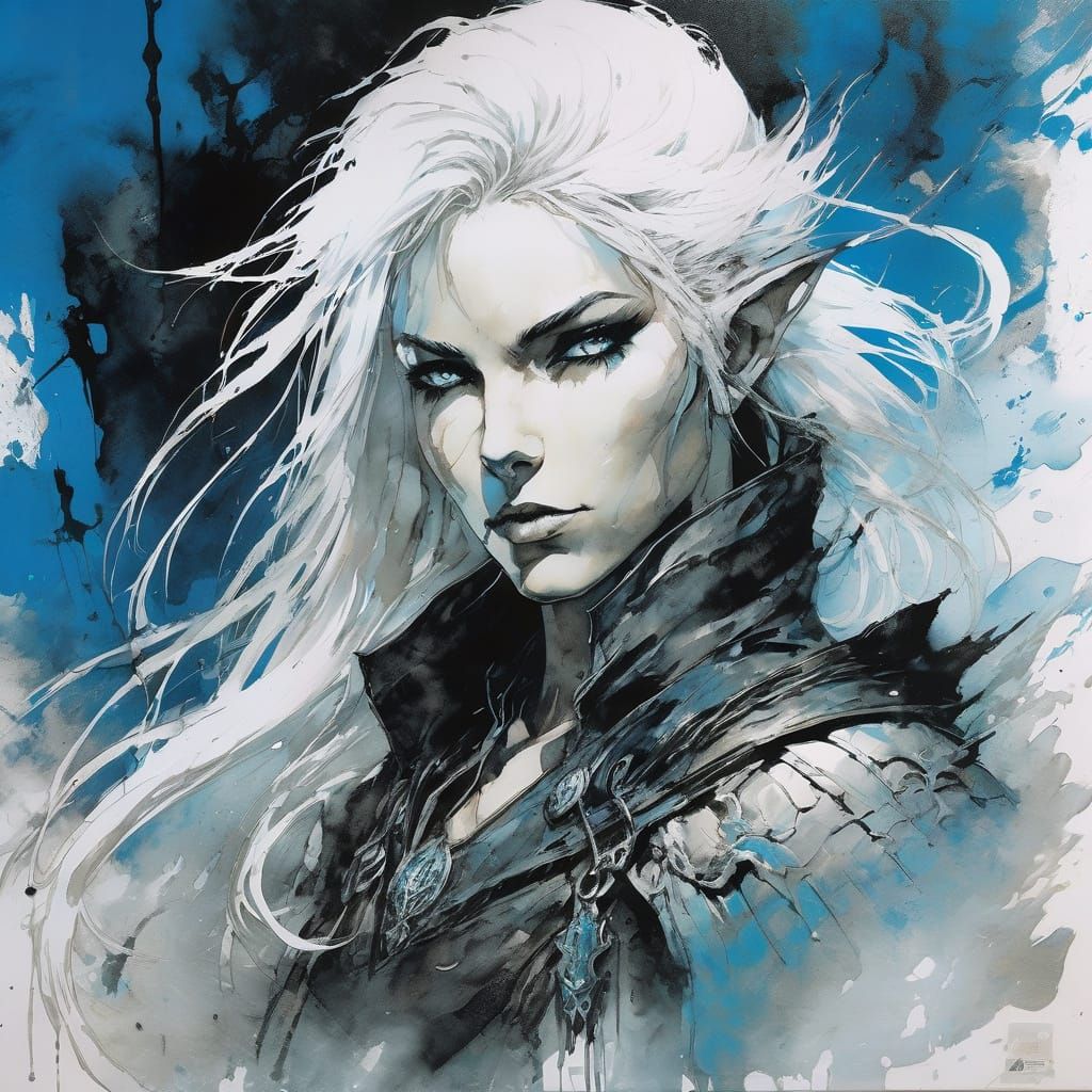 Elf Warrior Portrait in Abstract Ink Style