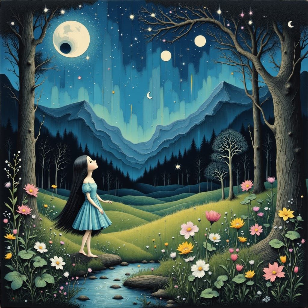 Magical Elf in Twilight Meadow with Two Moons