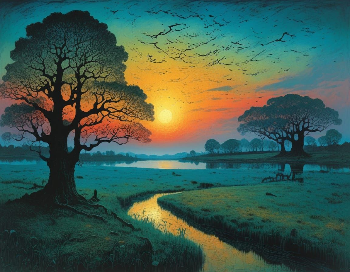 Dusk Landscape with Lake and Old Oak Trees