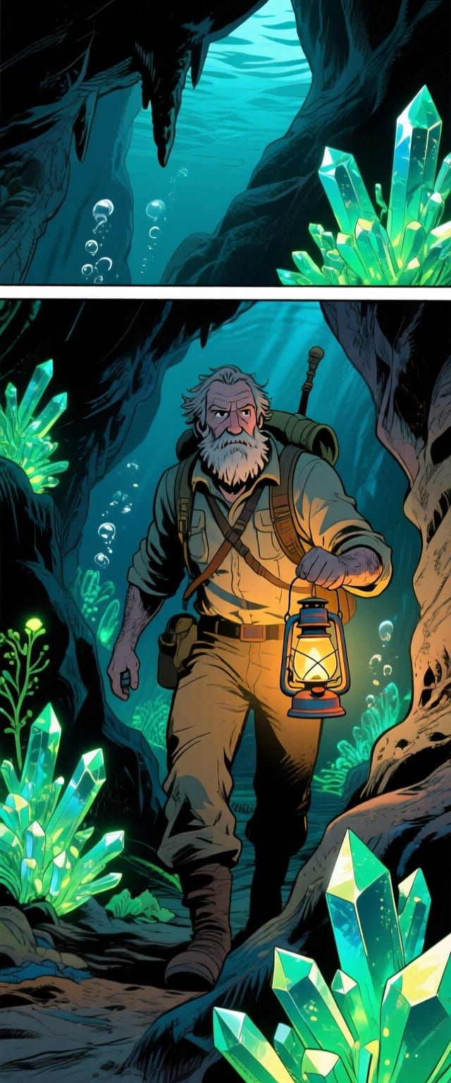 Explorer Navigates Bioluminescent Cave in Comic Style