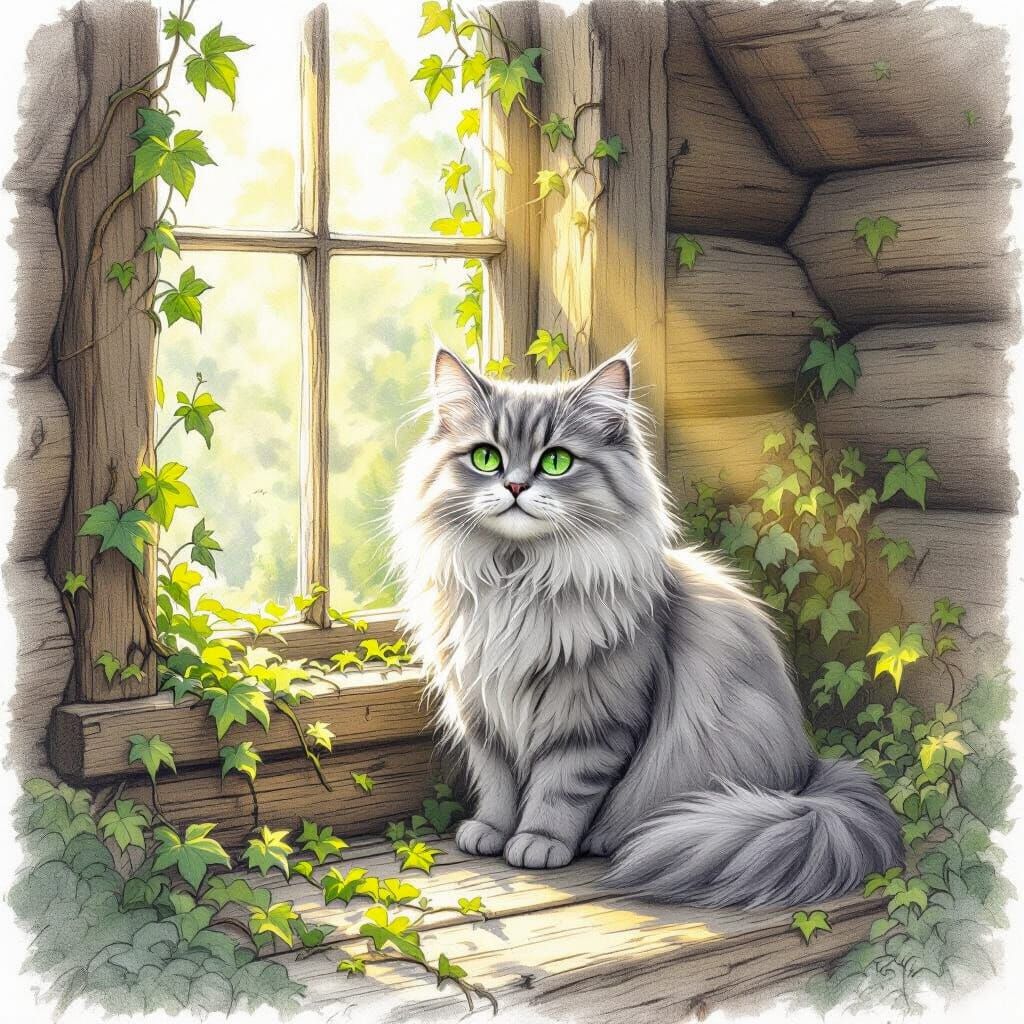 Fluffy Gray Cat in Sunlit Forest Cabin Sketch