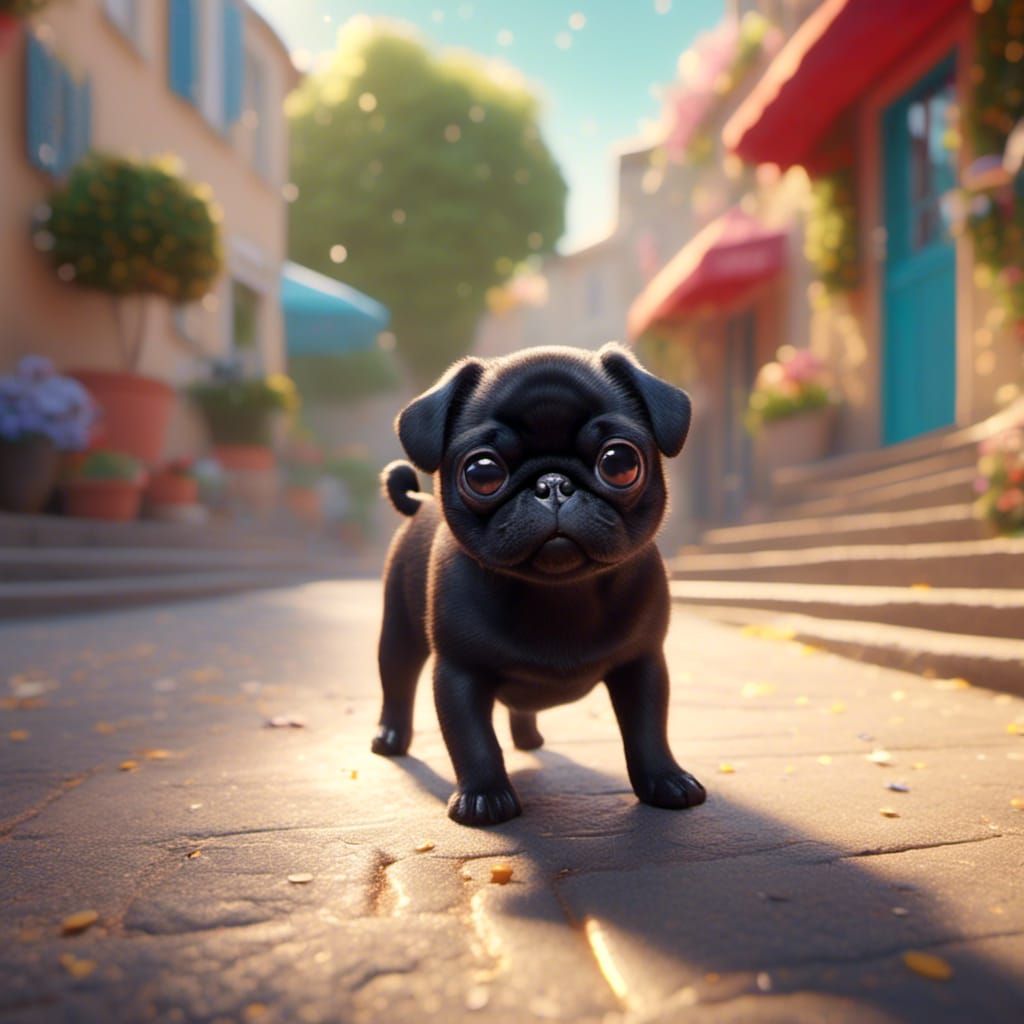 A cute black pug with a little white spot on her chest in An...