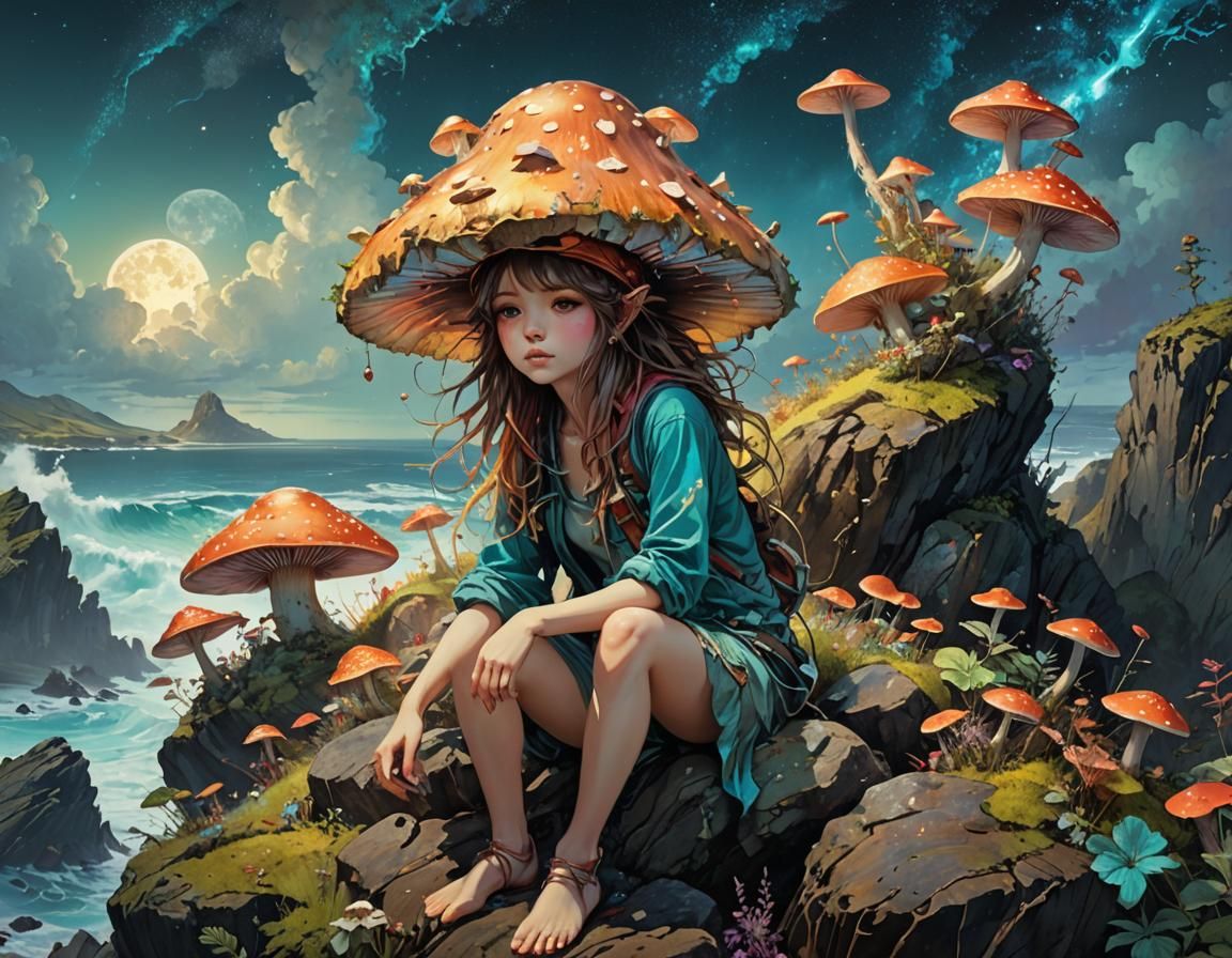 Anime Fairy with Mushroom Hat, Digital Art