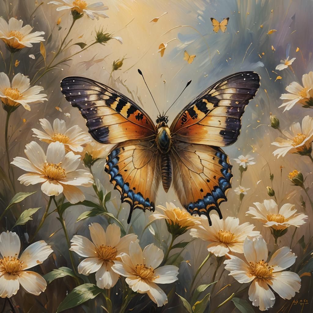 Butterfly on Flower: Impressionist Oil Painting