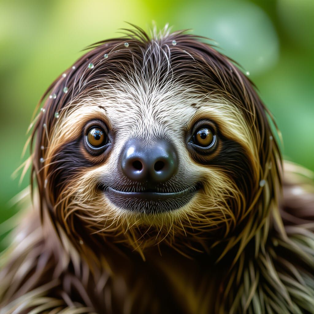 Macro Sloth Face Portrait with Wet Fur and Bokeh