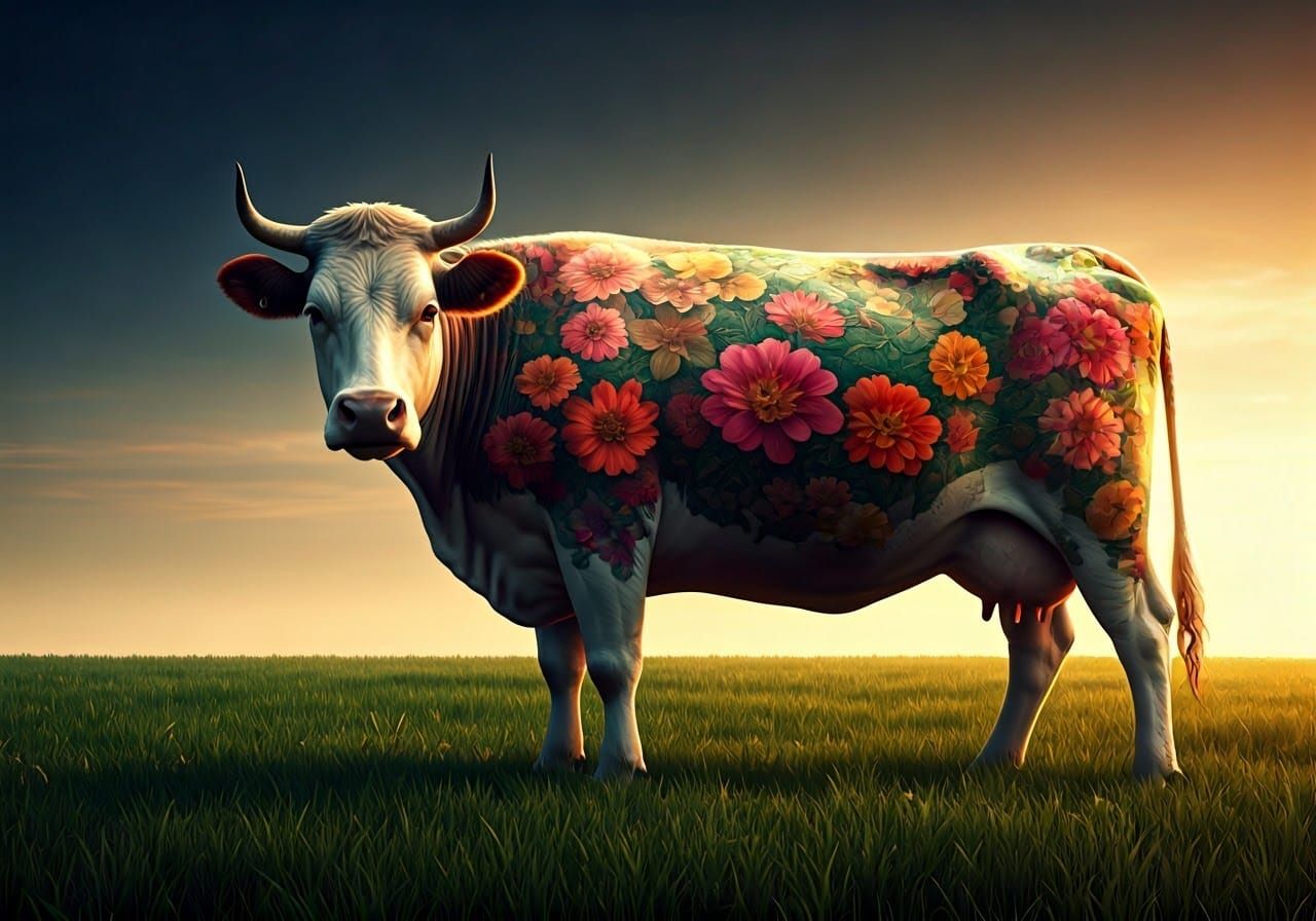 Hyperrealistic Flower Tattoo Cow in Cinematic Style