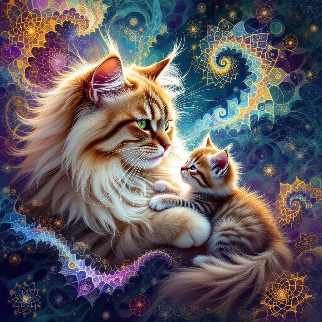 Persian Cat Mother Interacts with Kitten in Vibrant Quantum ...