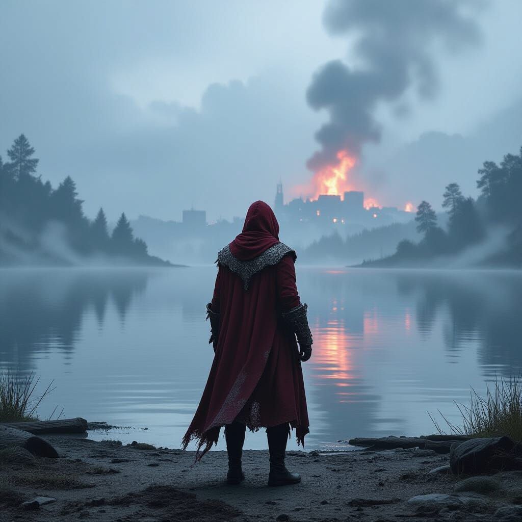 Dystopian Lake Scene With Burning Hellscape and Red Moon