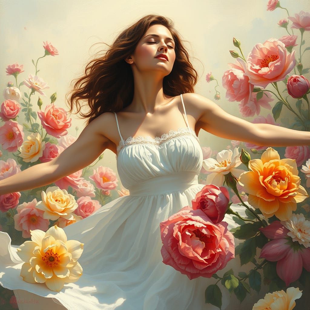 Woman Adrift in Whimsical Floral Tide Oil Painting