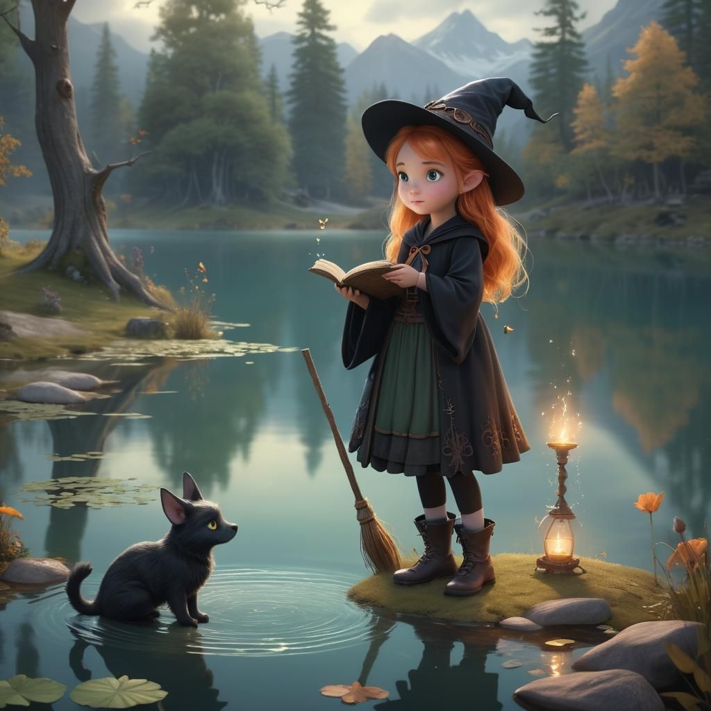 Adorable Young Witch Learning Magic by Lake