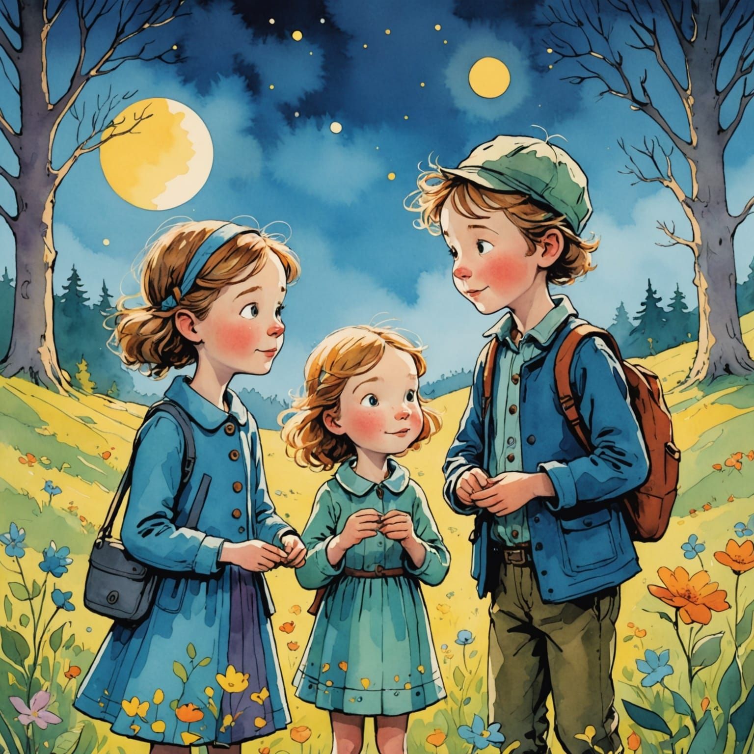 Colorful Cartoon Children Playing Under the Moon