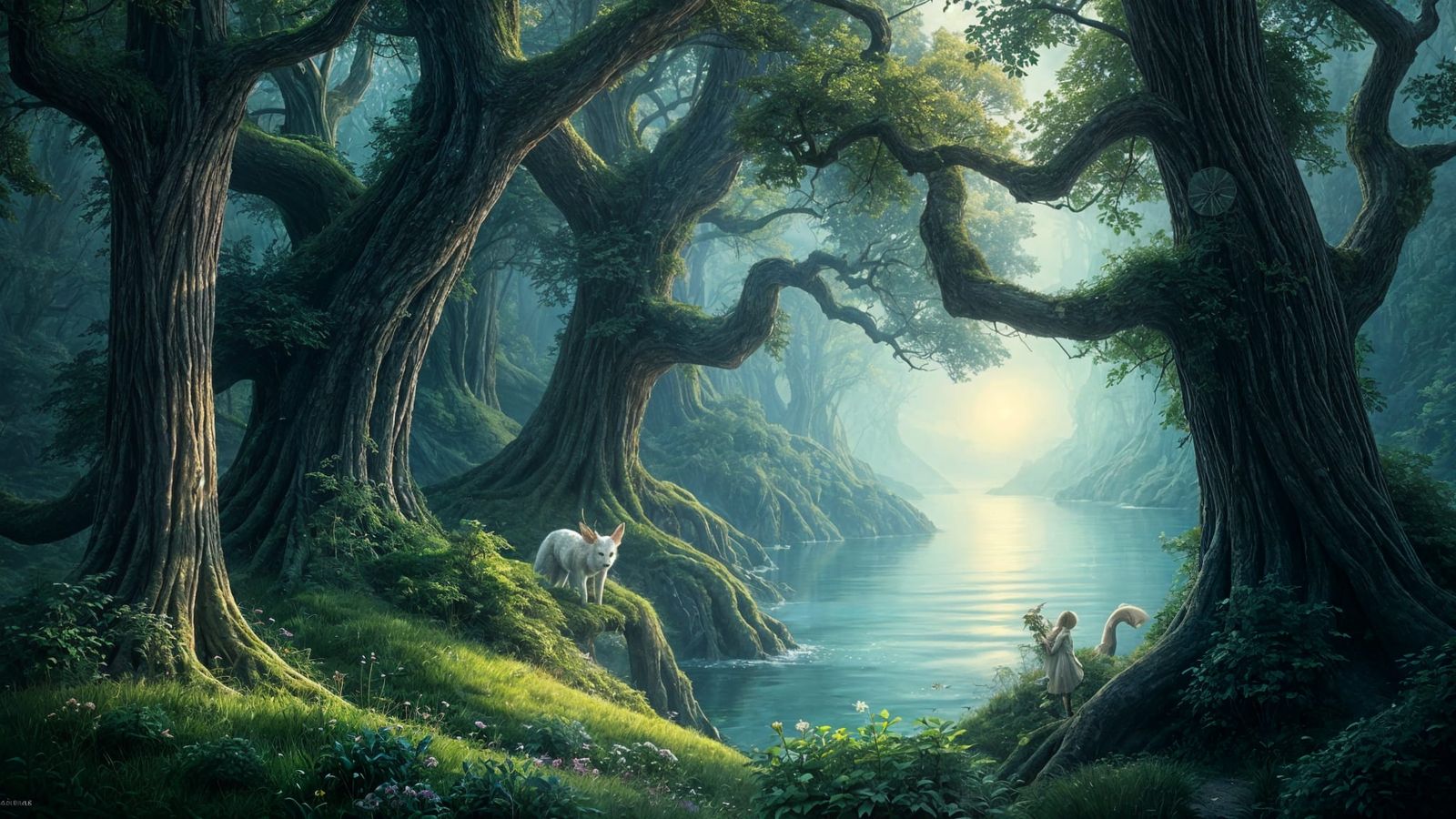 Ethereal Forest Clearing with Mystical Creatures