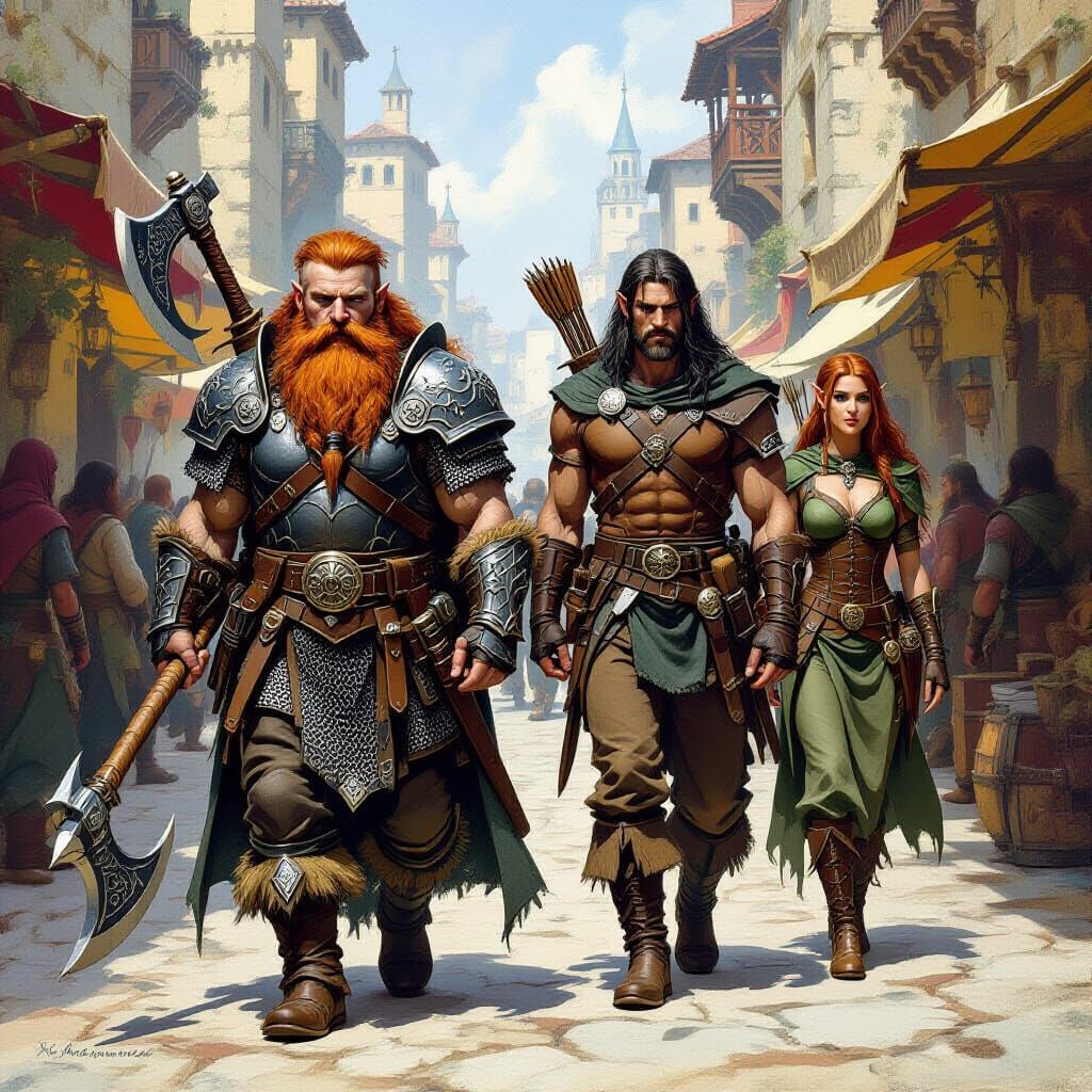 Fantasy Dwarf, Warrior, and Elf in City Street