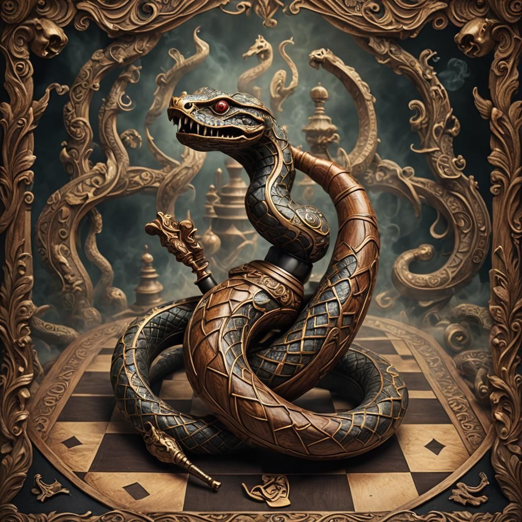 Snake Smoking Pipe on Chess Board
