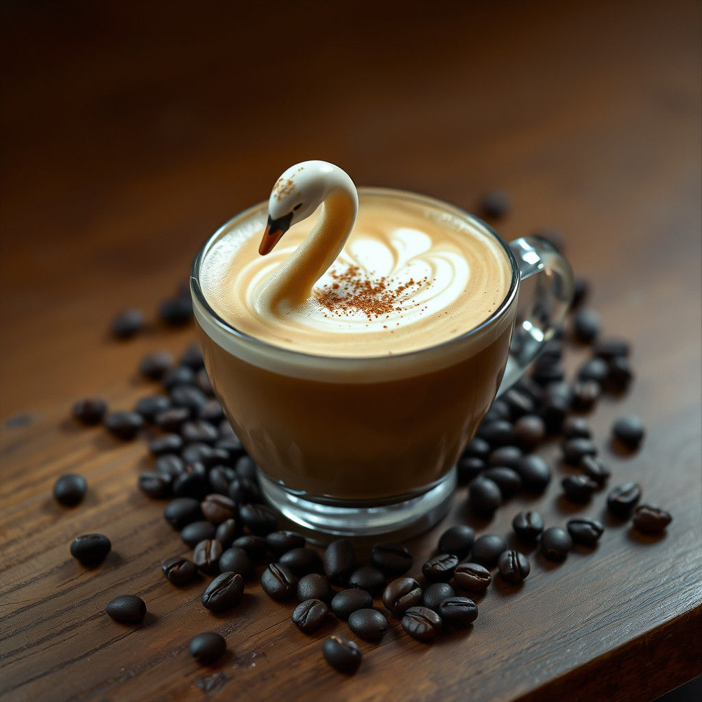 Velvety Latte with Swan-Shaped Foam amidst Coffee Beans, in....