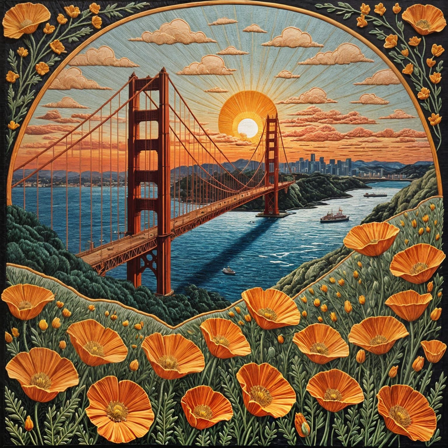 Vibrant Sunset Embroidered Landscape of Golden Gate Bridge