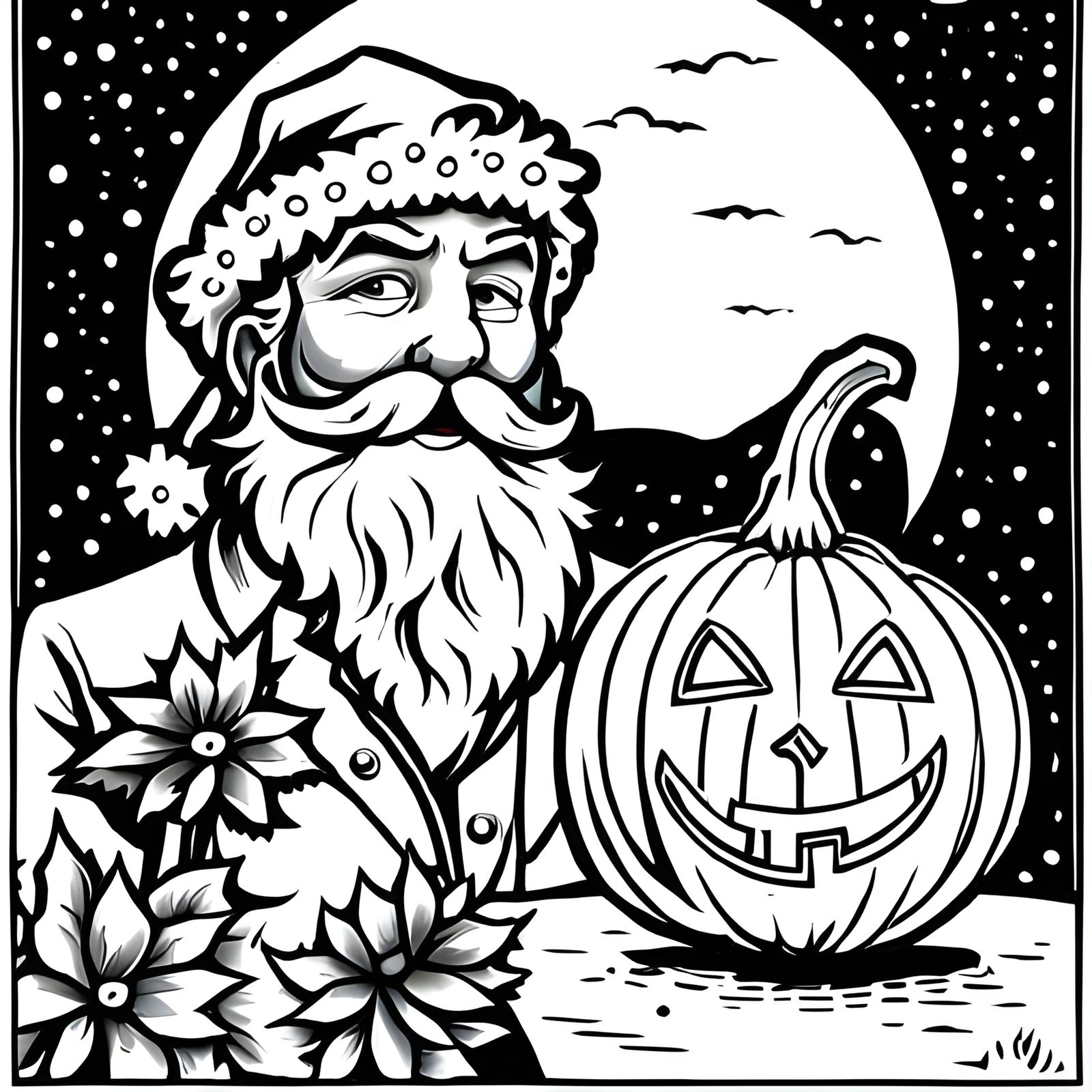 Santa with Jack-o'-Lantern Coloring Page